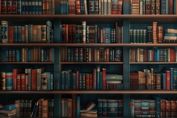Poster - Rows of wooden shelves display a vast collection of academic textbooks and literature, perfect for study and research purposes. Generative AI
