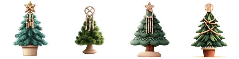 A collection of four decorative Christmas trees in various styles, each adorned with unique ornaments and textures.