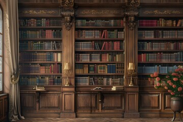 Leinwandbilder - Wooden shelves are lined with colorful textbooks and classic literature, creating a warm and inviting study atmosphere for reading and learning. Generative AI