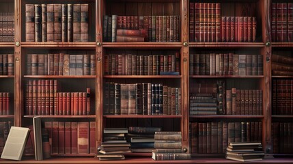 Poster - Rows of wooden shelves are filled with an extensive collection of textbooks and academic literature in a warm setting. Generative AI