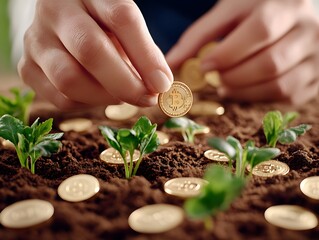 A hand places a coin among small green plants in soil, symbolizing growth, investment, and nurturing financial success.