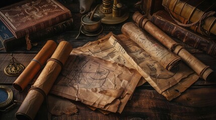 Poster - A collection of ancient books and scrolls lies on a wooden table, surrounded by historical artifacts, evoking a sense of history and exploration. Generative AI