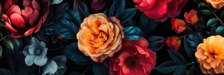 Wall Mural - Brilliantly colored flowers flourish against a deep black backdrop, enhancing their beauty and making for a striking visual experience. Generative AI