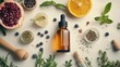 © Chirawan - Top view photo for advertising use of cream, body lotion, watery products, serums in bottles containing natural ingredients and decorated around with natural ingredients and flowers.
