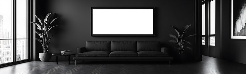 Aufkleber - A modern black interior featuring a minimalist couch, large empty frame, and greenery, creating an elegant and spacious atmosphere.