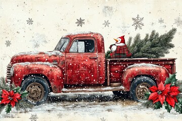 Wall Mural - Red vintage truck carrying christmas tree in snowfall