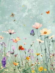 Poster - Colorful meadow flowers bloom while butterflies dance around them, creating a lively and enchanting natural spectacle. Generative AI