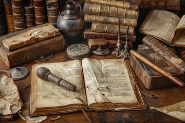 Poster - An assortment of ancient books, scrolls, and artifacts rests on a wooden table, showcasing historical significance and aged beauty. Generative AI