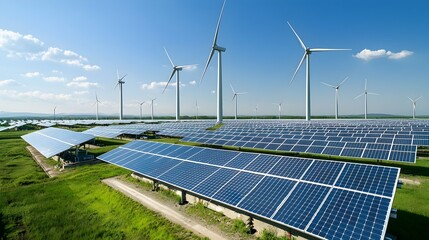 Leinwandbilder - Renewable energy solutions powering a smart grid of solar panels and wind turbines to fuel the electrical grid of the future  Detailed engineering advanced machinery