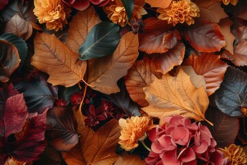 Canvas Print - A colorful array of autumn leaves and flowers in warm hues blankets the ground, showcasing the beauty of the fall season. Generative AI