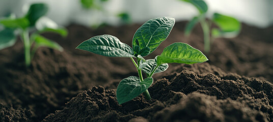 Healthy soybean plants thrive in rich, dark soil, showcasing vibrant green leaves. This close up captures essence of growth and vitality in nurturing environment