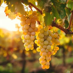 Bunch of ripe white grapes in vineyard at sunset.