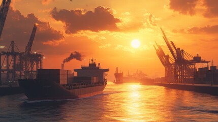 Cargo Ship Leaving Port at Sunset