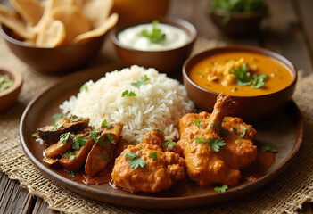 Delicious Indian cuisine featuring plate of chicken curry, rice, and lentil soup garnished with fresh herbs. vibrant colors and textures create inviting meal experience