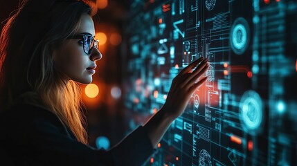 Woman Interacting with a Futuristic Interface