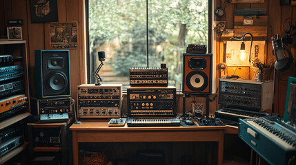 Retro podcast studio featuring a vintage microphone. 