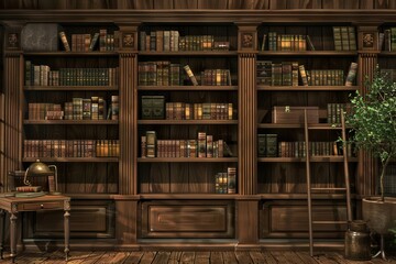Aufkleber - Rows of wooden shelves are densely packed with textbooks and academic literature, creating a warm and inviting reading atmosphere. Generative AI