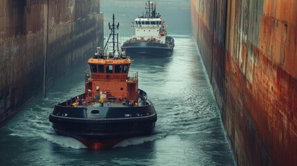 Two Tugboats Navigating a Narrow Channel Between Large Vessels