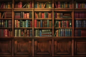 Poster - A well-organized wooden bookshelf displays a diverse collection of textbooks and literature in a cozy study environment. Generative AI