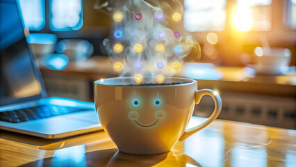 Close Up of Coffee Cup with Holographic Steam Forming Happy Emoticons - Macro Shot Blending Comfort and Futuristic Technology for a Joyful Work from Home Concept