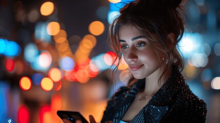 Wall Mural - Confident businesswoman using smartphone on city street at night under neon lights