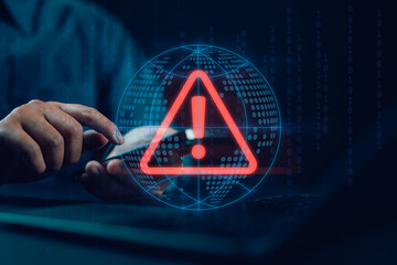 Poster - notification error and maintenance with triangle caution warning sign for notification error, Programmer using laptop with triangle caution warning sign, hacker attacks , cyber crime, cyber security