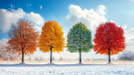 Four Trees Representing the Seasons in a Snowy Landscape