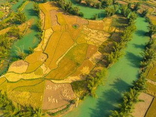 Wall Mural - A stunning aerial view of a small rural village nestled on the banks of a winding river, surrounded by lush rice fields and natural waterfalls in a verdant landscape.