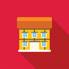 Sticker - Minimalist vector illustration featuring a yellow building facade with windows, casting a long shadow on a red background