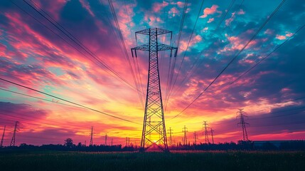 Power Lines Silhouetted Against a Dramatic Sunset Sky