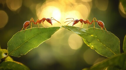 ants working together to bridge a gap between two leaves, emphasizing their cooperation and precisio