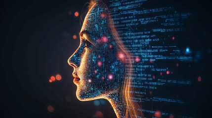 A Woman's Profile Composed of Digital Data and Code