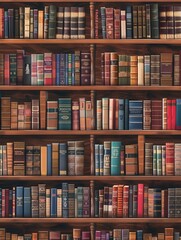 Poster - The wooden shelves are packed with a variety of textbooks and academic literature, creating a rich atmosphere for study and reflection. Generative AI