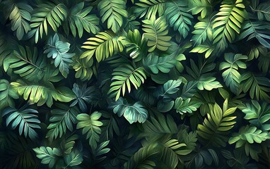 Poster - A lush arrangement of green leaves, creating a vibrant and textured natural backdrop, showcasing various leaf shapes and shades.