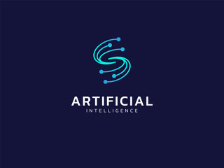 Wall Mural - artificial intelligence with letter s curved network lines technology analysis logo vector design co