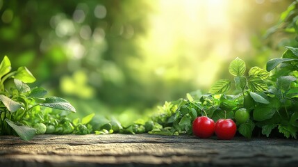 Fresh tomatoes and vibrant green leaves on a rustic wooden surface, illuminated by soft sunlight, creating a serene and inviting atmosphere.