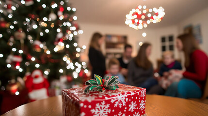 A joyful Christmas celebration featuring family gathered around beautifully wrapped gifts and a decorated tree in a cozy setting