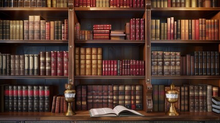 Poster - The wooden shelves showcase a rich assortment of textbooks and scholarly works, inviting learning and exploration in a study. Generative AI