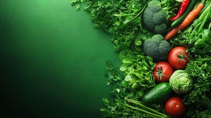 Fresh vegetables including tomatoes, broccoli, and cucumbers arranged on a green background, perfect for healthy cooking concepts.