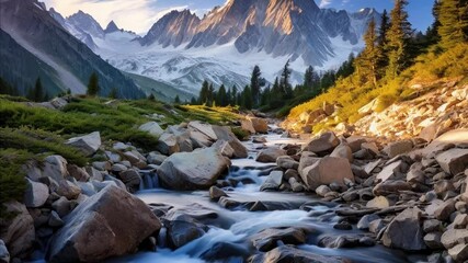 Wall Mural - rocky stream flows through a valley towards snow capped peaks on a sunny day, with blue skies, green
