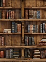Poster - A cozy study area features wooden shelves brimming with textbooks and academic literature, perfect for focused reading or research. Generative AI