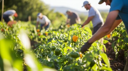 A Close-up of Ripe Yellow Bell Peppers on Green Plants in a Vegetable Garden with People Picking Them in the Background