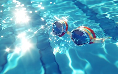 A vibrant image of swimming goggles floating in a clear pool, reflecting sunlight on the water's surface.