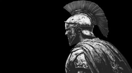 Ancient Roman Warrior in Profile with Armor and Helmet, Black and White Portrait Symbolizing Strength, History, and Classical Military Culture on Dark Background