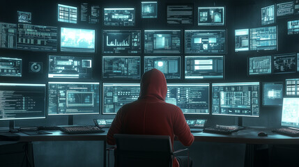 A hooded figure sitting in front of multiple glowing computer screens in a dark room, representing a hacker at work.