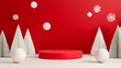 © aironamad - A festive holiday setting featuring a vibrant red pedestal surrounded by white snowflakes and decorative Christmas trees