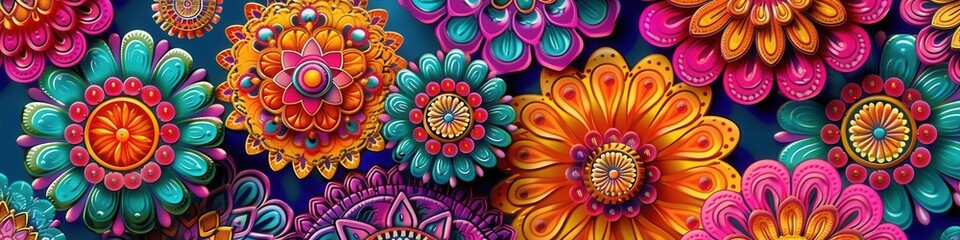 Canvas Print - A collection of vibrant floral mandalas displays intricate patterns and bright colors, perfect for inspiring creativity and decoration. Generative AI