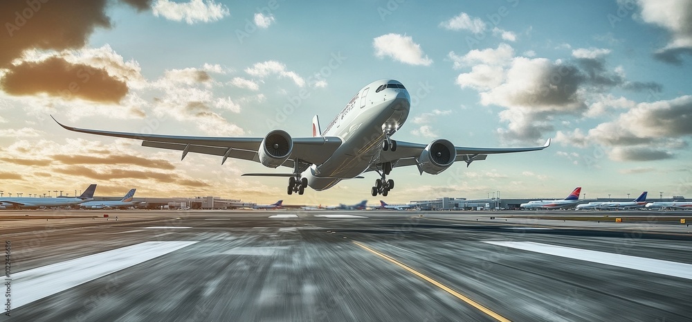 Realistic photo of an airplane taking off from an airport runway with ...