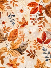 Fototapete - A delightful arrangement of autumn leaves and flowers showcases warm tones, perfect for seasonal decoration and nature appreciation. Generative AI