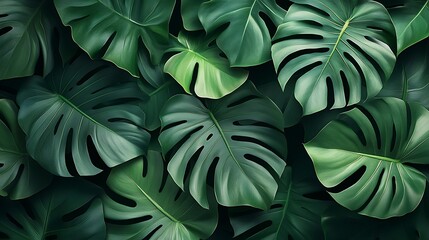 Poster - A lush arrangement of dark green monstera leaves, creating a vibrant and tropical aesthetic.